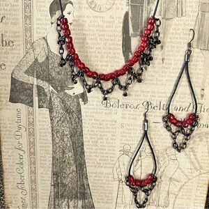 Hand Crafted Red/Black Beads & Chain Necklace & Earring Set